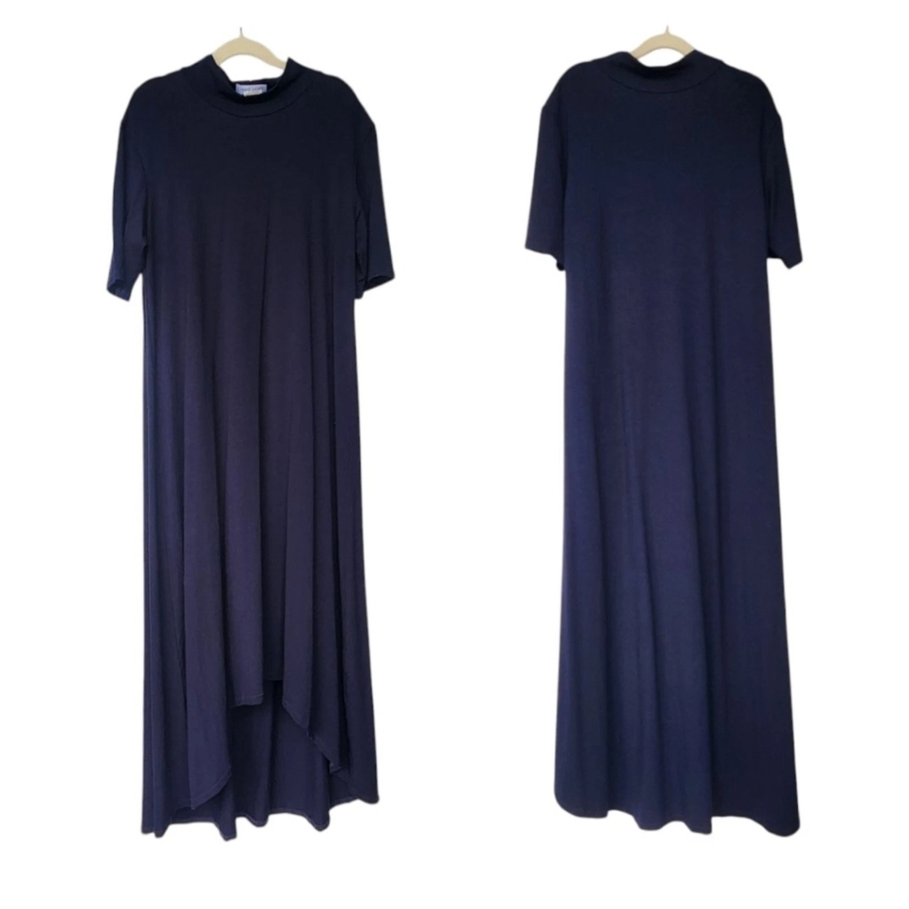 $265 Travis Taddeo Cindy Navy Midi A-line Mock Neck High-Low Dress Size M